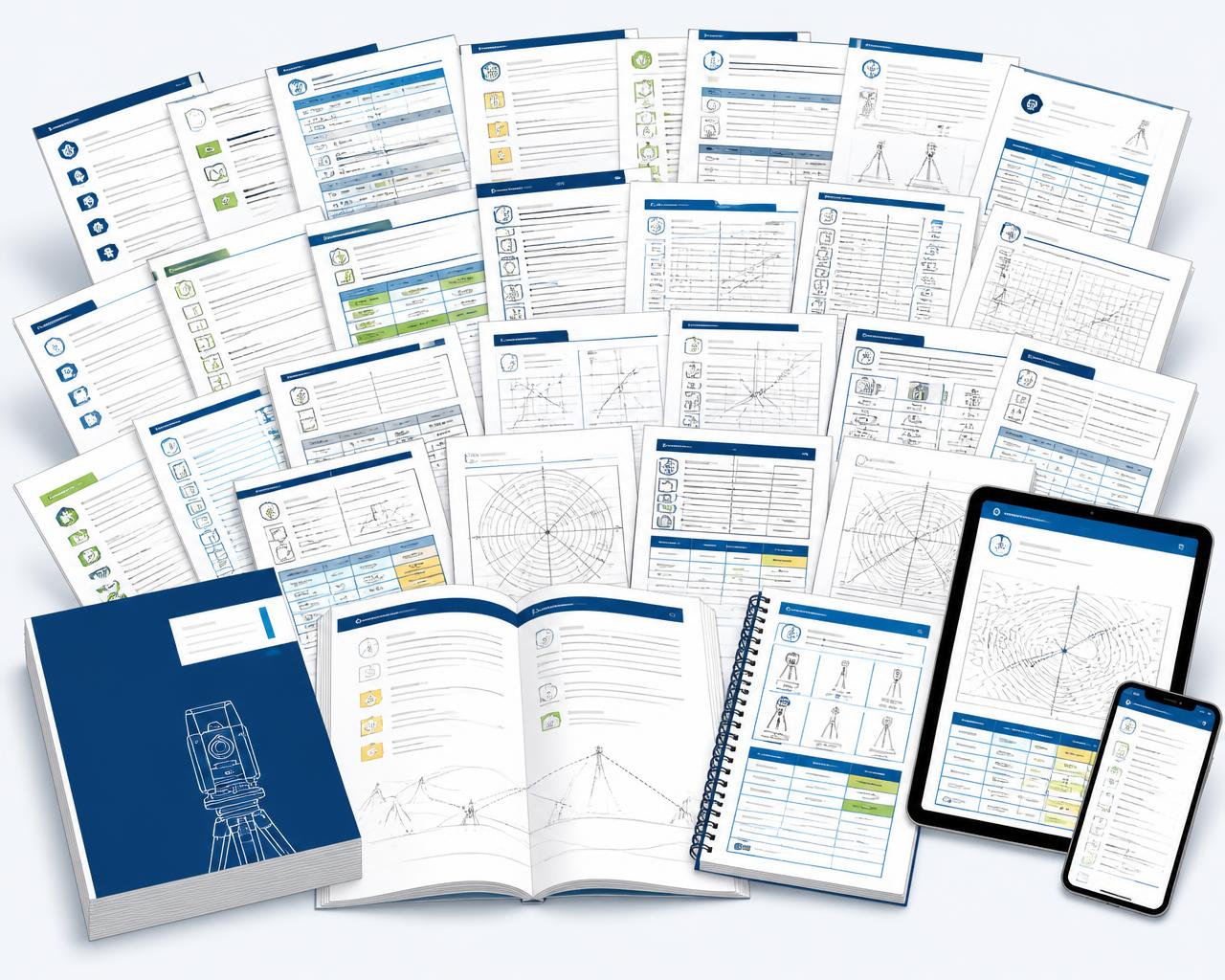 Grande volume de fichas técnicas de GNSS e RTK impressas em A4, além de tablet e celular com o material digital
